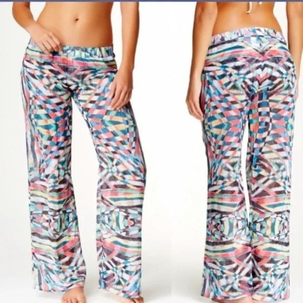 BECCA Cozumel Print Chiffon Palazo Pants Beach Cover-Up Festival Boho Semi Sheer